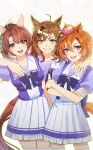  3girls absurdres ahoge animal_ears arm_around_shoulder blush bow bowtie breasts brown_eyes brown_hair checkered_ribbon collarbone commentary_request crown dantsu_flame_(umamusume) ear_covers ear_ribbon grin hair_between_eyes hair_ornament hairband hairclip highres horse_ears horse_girl horse_tail jewelry jungle_pocket_(umamusume) large_breasts looking_at_viewer medium_breasts medium_hair mini_crown multicolored_hair multiple_girls notched_ear open_mouth orange_hair orange_tail pink_crown pink_hairband pleated_skirt puffy_short_sleeves puffy_sleeves purple_bow purple_bowtie purple_eyes purple_shirt sailor_collar sailor_shirt school_uniform shirt short_hair short_sleeves skirt small_breasts smile summer_uniform t.m._opera_o_(umamusume) tail teeth thighhighs toryo_(yukhop_961) tracen_school_uniform umamusume white_hair white_sailor_collar white_skirt white_thighhighs yellow_eyes 