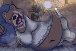 3:2 anthro bear belly ben_bigger big_belly big_bulge big_muscles big_pecs biped bodily_fluids brown_bear brown_body brown_fur bulge clothed clothing detailed_bulge digital_media_(artwork) dirty_underwear erection erection_under_clothing excessive_musk excessive_sweat facial_scar fur genital_outline heat_(temperature) hi_res just_arai male male_anthro mammal manly mihoyo muscular musk musky_armpit musky_bulge nipples open_mouth overweight overweight_male pecs penis_outline scar sleeping solo sweat sweaty_clothing ursine zenless_zone_zero