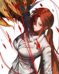  1girl animal_hands black_choker blue_eyes breasts brown_hair choker collared_shirt commentary_request cowboy_shot feather_hair_ornament feathers hagi0855 hair_ornament highres jacket korean_commentary limbus_company long_hair looking_at_viewer low_ponytail ponytail project_moon ring_(identity)_(project_moon) rodion_(project_moon) shirt simple_background smile solo string string_of_fate upper_body white_background white_jacket white_shirt 