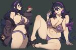  1girl @_@ absurdres ahoge alternate_breast_size_(larger) alternate_costume bags_under_eyes bra breasts character_print commentary earrings flip-flops flowerpigeon full_body gengar gloves hairband hex_maniac_(pokemon) hex_maniac_(pokemon_xy) highres holding holding_poke_ball jacket jewelry lace lace_gloves large_breasts light_blush lipstick long_hair makeup messy_hair multiple_views nail_polish navel open_clothes open_jacket panties parted_lips poke_ball poke_ball_(basic) pokemon pokemon_x_and_y print_bra purple_bra purple_eyes purple_hair purple_hairband purple_lips purple_nails purple_panties sandals single_off_shoulder sitting smile sphere_earrings strap_lift teardrop_earrings toenail_polish toenails underwear underwear_only untranslatable_commentary 