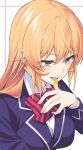  1girl blazer blonde_hair blue_jacket bow bowtie breasts collared_shirt commentary_request hair_between_eyes highres jacket large_breasts licking licking_finger long_hair long_sleeves nakiri_erina purple_eyes red_bow red_bowtie shirt shokugeki_no_souma slope_(check238) solo striped_bow striped_bowtie striped_clothes tongue tootsuki_saryou_ryouri_gakuen_uniform upper_body white_shirt 