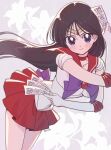  1girl bishoujo_senshi_sailor_moon black_hair blush bow bowtie breasts choker closed_mouth commentary cowboy_shot crossed_arms earrings elbow_gloves floral_background flower gloves grey_background grey_eyes hair_between_eyes highres hino_rei jewelry lily_(flower) long_hair looking_at_viewer medium_breasts pleated_skirt purple_bow purple_bowtie red_choker red_sailor_collar red_skirt sailor_collar sailor_mars sailor_senshi_uniform shirt skirt smile solo star_(symbol) star_earrings straight_hair tiara untranslatable_commentary white_gloves white_shirt yyemoyy 