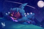 2026 3:2 abzel anthro aquatic biceps blue_body blue_scales chest_tuft clothing comet cuddling digital_media_(artwork) digital_painting_(artwork) duo eyes_closed featureless_crotch fish fury_(allanthe) garchomp generation_4_pokemon grass hill human interspecies intimate jacket larger_anthro lying male male/male mammal moon multicolored_body muscular muscular_male night nintendo nude_male on_back on_side outside painting_(artwork) plant pokemon pokemon_(species) pokephilia red_body red_scales scales shark signature size_difference sky smaller_human smile smiling_at_another smiling_at_partner spikes star starry_sky teeth topwear tree tuft two_tone_body watermark