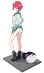  1girl amate_yuzuriha aqua_shirt aqua_skirt ass black_boots boots clothes_lift commentary_request earrings full_body gundam gundam_gquuuuuux haro highres jewelry lifting_own_clothes light_blush lolitan looking_back necktie no_panties red_hair robot school_uniform shirt short_hair skirt skirt_lift smile standing sweater white_background 