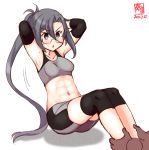  1girl 1other abs alternate_costume amagiri_(kantai_collection) arms_behind_head artist_logo asymmetrical_bangs bangs bike_shorts commentary_request dated elbow_pads exercise full_body glasses grey_eyes grey_hair hair_between_eyes highres kanon_(kurogane_knights) kantai_collection knee_pads long_hair midriff ponytail simple_background sit-up sports_bra very_long_hair white_background 