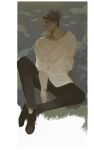  1boy arm_support black_hair black_shoes border choso_(jujutsu_kaisen) closed_mouth collarbone commentary_request facial_mark full_body highres jujutsu_kaisen male_focus outdoors shirt shoes sitting solo uorui white_border white_shirt 