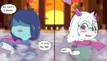 2026 anthro bendy_straw blue_body blue_hair blue_skin bovid caprine comic deltarune dialogue drinking_straw duo english_text eyewear fur glasses goat green_eyewear green_glasses hair hi_res horn hot_spring human kris_dreemurr mammal partially_submerged pink_horn pink_scarf ralsei scarf speech_bubble text tomtotap undertale_(series) water wet wet_body wet_fur wet_skin white_body white_fur