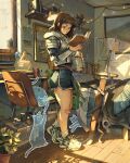  1girl absurdly_detailed_composition armor arrow_(symbol) bandaid bandaid_on_knee bandaid_on_leg belt blanket blue_shorts book bookshelf box breastplate brown_hair bulletin_board can can_pull_tab cardboard_box cat ceiling chair cup dated day desk desk_lamp dolphin_shorts drink_can earrings fairy_lights gambeson gauze gauze_on_leg graph helmet highres hinge holding holding_book holding_unworn_helmet illegible_text indoors jewelry lamp loaded_interior medium_hair monstera_deliciosa motion_lines mug multiple_earrings on_chair open_book original pie_chart pillow plant plate_armor potted_plant pushpin reading rearing rivets scenery screw see-through_body sheath sheathed shelf shield shoes short_shorts shorts signature simz skull sneakers socks soda_can solo solo_cup spiral standing sunlight swirl sword tape tile_ceiling tiles unworn_belt unworn_headwear unworn_helmet vial weapon white_socks window wooden_floor 