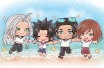  4boys ahoge angeal_hewley aqua-tinted_eyewear barefoot beach beard black_hair black_sailor_collar black_sandals black_shoes blue_eyes blue_sailor_collar blue_shorts blush brown_hair chibi chibi_only closed_eyes closed_mouth commentary crisis_core:_final_fantasy_vii crylin6 earrings eyewear_on_head facial_hair final_fantasy final_fantasy_vii genesis_rhapsodos green_eyes grey_hair jewelry long_hair male_focus midriff_peek multiple_boys navel necktie ocean open_mouth outstretched_arms parted_bangs parted_lips red_necktie red_sailor_collar red_shorts sailor_collar sandals sephiroth shirt shoes short_hair short_sleeves shorts single_earring slit_pupils smile tinted_eyewear untranslatable_commentary white_shirt zack_fair 