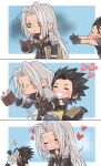  2boys :3 armor arms_around_another's_waist belt black_boots black_coat black_gloves black_hair black_pants black_shirt blue_background blush book boots border brown_belt chest_strap chibi chibi_only closed_eyes coat cross_scar crylin6 final_fantasy final_fantasy_vii gloves green_eyes grey_hair hair_slicked_back highres holding holding_book hug long_hair male_focus multiple_boys open_mouth pants parted_bangs pauldrons reading ribbed_shirt scar scar_on_cheek scar_on_face sephiroth shirt shoulder_armor sideburns slit_pupils smile sparkle suspenders waving white_border yaoi zack_fair 