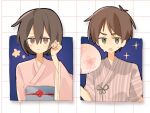 1boy 1girl black_hair brown_hair closed_mouth commentary_request eren_yeager green_eyes grey_eyes grid_background hair_between_eyes haku33001 hand_fan hand_in_own_hair holding holding_fan japanese_clothes kimono mikasa_ackerman parted_lips pink_kimono scar scar_on_cheek scar_on_face shingeki_no_kyojin short_hair sparkle sweat upper_body 