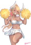  1girl absurdres blonde_hair breasts cheering cheerleader cleavage closed_eyes dark_skin draph granblue_fantasy grin highres horns kuvira_(granblue_fantasy) large_breasts leg_up midriff navel parted_lips pom_pom_(clothes) ponytail renzu_(lens_02) skirt smile solo twitter_username white_background 