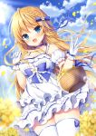  1girl :d bangs basket blonde_hair blue_bow blue_eyes blue_sky blurry blurry_background blush bow braid breasts cleavage cloud cloudy_sky commentary_request day depth_of_field detached_sleeves dress dutch_angle eyebrows_visible_through_hair flower frilled_bow frilled_dress frills gloves hair_between_eyes hair_bow hair_flower hair_ornament highres large_breasts long_hair looking_at_viewer mauve moe2020 open_mouth original outdoors petals puffy_short_sleeves puffy_sleeves short_sleeves sky sleeveless sleeveless_dress smile solo thighhighs very_long_hair white_dress white_flower white_gloves white_legwear white_sleeves yellow_flower 