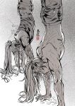  2boys arm_tattoo back bare_pectorals chain cloud_tattoo grandmaster_of_demonic_cultivation greyscale hair_down handstand highres lan_jingyi lan_sizhui long_hair messy_hair monochrome multiple_boys muscular noink131 obliques pectorals ponytail simple_background sweat tattoo topknot wet yaoi 
