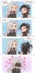  2boys armor belt black_coat black_gloves black_hair black_shirt blue_background blue_eyes blush border brown_belt chest_strap chibi chibi_only coat cross_scar crylin6 english_commentary final_fantasy final_fantasy_vii flirting furrowed_brow gloves green_eyes grey_hair hair_slicked_back hands_on_own_face highres long_hair looking_at_another male_focus medium_hair multiple_boys one_eye_closed parted_bangs parted_lips pauldrons puckered_lips purple_background ribbed_shirt scar scar_on_cheek scar_on_face sephiroth shirt shoulder_armor sideburns sleeveless sleeveless_shirt suspenders walking_away white_border yaoi zack_fair 