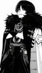  1boy aiguillette armor bishounen blunt_ends coat coat_on_shoulders commentary_request crossed_arms eyeliner fatui_coat fur-trimmed_coat fur_trim genshin_impact greyscale highres japanese_armor japanese_clothes juban kimono kote kusazuri lapels makeup male_focus mitsudomoe_(shape) monochrome o-ring open_clothes open_coat parted_lips red_eyeliner rope sash scaramouche_(genshin_impact) scaramouche_(harbinger)_(genshin_impact) shimenawa shorts smile solo sourou451451 spot_color tomoe_(symbol) tsurime upper_body white_background 