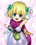  1girl arm_up armpits belt blonde_hair bow child cloak dragon_quest dragon_quest_v dress endou_hiroto gloves hair_bow heart hero&#039;s_daughter_(dq5) highres looking_at_viewer open_mouth pouch purple_cloak ribbon sheath sheathed short_hair sleeveless sleeveless_dress smile solo sword thumbs_up upper_body weapon white_dress white_gloves 