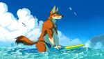 ambient_bird anthro brown_body brown_fur bulge canid canine canis claws clock clothed clothing cloud dipstick_tail ethiopian_wolf finger_claws fur heromule hi_res jewelry looking_aside male mammal markings necklace outside sky solo speedo surfboard surfing swimwear tail tail_markings topless topless_anthro topless_male watch water what white_body white_fur wristwatch