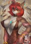  2020 armwear breasts canid canine canis changeling_tale clothed clothing cute_fangs duo female fur fur_tuft girlsay hair hi_res jessie_(changeling_tale) looking_at_viewer mammal nipple_outline open_mouth red_hair teeth text tuft url wolf 