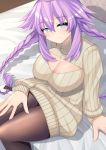  1girl black_legwear blue_eyes braid breasts cleavage_cutout dura highres large_breasts long_hair looking_at_viewer neptune_(series) pantyhose power_symbol purple_hair purple_heart ribbed_sweater sitting smile solo sweater symbol-shaped_pupils twin_braids very_long_hair 