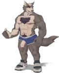  2019 5_fingers abs anthro basedgoblin biceps big_muscles biped body_hair brown_body brown_fur canid canine canis chest_hair clothing fingers footwear fur genitals humanoid_hands male mammal multicolored_body multicolored_fur muscular muscular_male nipples pecs penis pubes shoes simple_background solo standing tan_body tan_fur two_tone_body two_tone_fur white_background wolf 