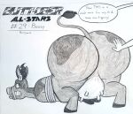 ambiguous_gender anthro barnyard_(series) bdsm bessy_(barnyard) big_butt blu3danny bodily_fluids bondage bound bovid bovine butt cattle clenched_teeth dialogue duo ear_piercing ear_tag english_text female greyscale hand_on_butt hi_res hooves human mammal monochrome nickelodeon piercing restraints rope rope_bondage speech_bubble sweat teats teeth text toothy_grin traditional_media_(artwork) udders unguligrade