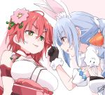  2girls animal_ears black_gloves blue_hair breasts bunny_ears carrot_hair_ornament eyebrows_visible_through_hair flower food_themed_hair_ornament gloves green_eyes hair_flower hair_ornament hololive ixy large_breasts long_hair looking_at_another multiple_girls red_eyes red_hair sakura_miko short_hair simple_background usada_pekora virtual_youtuber white_background 