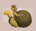 5_fingers anthro belly big_belly black_claws black_nose blue_eyes breath brown_background brown_inner_ear_fluff butt canid canine claws eyebrows fingers fur gloves_(marking) hair hand_on_belly huge_belly inner_ear_fluff kneeling male male_pred mammal markings msv multicolored_body multicolored_fur open_mouth pink_tongue shaded sharp_teeth simple_background tail tan_body tan_eyebrows tan_fur tan_hair tan_tail teeth tongue tongue_out tuft vore
