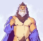 2024 anthro barazoku beard blue_clothing blue_topwear brown_eyebrows brown_mane clothing countershade_face countershade_hands countershade_legs countershade_torso countershading digital_drawing_(artwork) digital_media_(artwork) eyebrows facial_hair felid fingers front_view grey_beard grey_facial_hair grey_mustache half-length_portrait hi_res kingarthur_i lion looking_at_viewer male mammal mane mostly_nude mostly_nude_anthro mostly_nude_male multicolored_body muscular muscular_anthro muscular_male mustache navel nipples open_mouth open_smile pantherine pecs portrait pupils purple_background simple_background slightly_chubby slightly_chubby_anthro slightly_chubby_male smile smiling_at_viewer solo tan_body tan_countershading topwear trapezius two_tone_body white_sclera yellow_body yellow_eyes