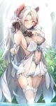  1girl absurdres ahoge azur_lane bangs bare_shoulders blush breasts bridal_gauntlets bridal_veil bride bush collarbone commentary_request cowboy_shot day dress eyebrows_visible_through_hair hair_ornament headgear highres iron_cross large_breasts long_hair looking_at_viewer mole mole_on_breast multicolored_hair panties pantyshot pantyshot_(standing) parted_lips partially_submerged pleated_skirt prinz_eugen_(azur_lane) see-through short_dress showgirl_skirt sidelocks silver_hair sitting skirt skirt_lift smile solo standing streaked_hair thighhighs two_side_up underwear veil very_long_hair wedding_dress wet wet_clothes white_legwear white_panties white_skirt yusha_(m-gata) 