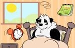  2017 analog_clock anthro bed bed_sheet bedding belly biped black_body black_eyebrows black_fur black_nose black_text bodily_fluids calendar cheek_tuft chest_tuft clock dated detailed_background digital_drawing_(artwork) digital_media_(artwork) eyebrows facial_tuft fur furniture giant_panda green_eyes half-closed_eyes inside kaohto looking_up lying male mammal motion_lines multicolored_body multicolored_fur narrowed_eyes neck_tuft nude number on_back on_bed pillow saliva signature solo sun text tired toony tuft ursid white_body white_fur window 