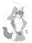 2026 akita akita_inu anthro armpit_hair artist_name black_nose bodily_fluids body_hair bottomwear canid canine caninu canis clothing cyberconnect2 domestic_dog eyewear eyewear_on_head facial_scar fur furgonomic_headwear furgonomics goggles goggles_on_head hair hair_over_eye hi_res little_tail_bronx long_hair male mammal mofu_guys monochrome multicolored_body multicolored_fur pseudo-hybrid red_savarin scar shirtless_anthro shirtless_male solatorobo solo spitz sweat text tongue tongue_out two_tone_body two_tone_fur