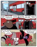 absurd_res anthro avian beak bear belt beverage_can big_breasts big_butt big_eyes bird black_outfit breasts brown_bear bus butt carmen_the_crow chips_(food) city clothing coat comic commercial_vehicle corvid corvus_(genus) crow detective dialogue diegutan english_text female food furniture group hi_res huge_breasts larger_male lying lying_on_sofa male mammal marcos_the_bear on_back on_sofa oscine overweight passerine procyonid raccoon resting_bitch_face shirt size_difference small_breasts smell sniffing sofa spread_wings t-shirt text tongue tongue_out topwear trio upside_down ursine uva_the_raccoon vehicle white_clothing white_shirt white_topwear wings