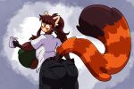 2026 3:2 ailurid anthro big_breasts big_butt black_bottomwear black_clothing black_pants bottomwear bra breast_expansion breasts brown_body brown_fur brown_hair butt cleavage cleavage_overflow clothed clothing container cup digital_drawing_(artwork) digital_media_(artwork) dipstick_tail expansion eyewear female female_anthro frilly frilly_bra frilly_clothing frilly_underwear fur glasses gloves_(marking) green_bra green_clothing green_underwear hair hi_res holding_container holding_cup holding_mug holding_object huge_breasts isokilo kivo_(cyberraider98) long_hair mammal markings mug multicolored_body multicolored_fur orange_body orange_fur pants pantylines ponytail rear_view red_panda shirt side_boob solo striped_markings striped_tail stripes tail tail_markings tan_body tan_fur thick_thighs topwear unbuttoned_shirt unbuttoned_topwear underwear wearing_glasses whiskers white_clothing white_shirt white_topwear wide_eyed wide_hips