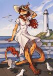 2026 anthro avian barefoot bird braided_hair breasts canid canine claws cleavage clothed clothing cloud digital_media_(artwork) dress elenmory feet female finger_claws full-length_portrait fur furgonomic_hat furgonomic_headwear furgonomics gull hair hi_res horn hybrid inner_ear_fluff lari larid leaning_on_fence lighthouse long_hair looking_aside mammal outside paws pointy_ears portrait prick_ears red_hair sea solo tail tail_tuft tan_body tan_fur toe_claws tuft water