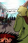 absurd_res ambiguous_gender anthro brradett burning clothed clothing colored comic death dialogue digital_media_(artwork) english_text felid feline female fur group hair hi_res kat_(irresistable) lernie_(brradett) mammal scalie speech_bubble tail text