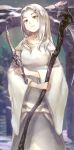  1girl commentary_request dagger dark_souls dragon_girl dragon_horns dress green_eyes hair_intakes holding horns long_hair long_sleeves priscilla_the_crossbreed revision scythe snow snowing so-taro solo souls_(from_software) weapon white_dress white_hair 