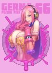  1girl ;p artist_name blue_eyes blush breasts cleavage eyebrows finger_licking gloves headphones highres huge_breasts large_breasts licking looking_at_viewer medium_hair navel one_eye_closed one_piece pink_background pink_hair q-bit saliva simple_background smile solo tongue tongue_out vinsmoke_reiju 