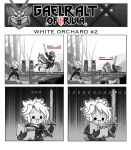 2023 4_panel_comic 5_fingers alternate_species ambiguous_feral ambiguous_gender armor arms_bent bandits bangs battle belt black_belt black_boots black_bottomwear black_clothing black_eyes black_footwear black_gloves black_hair black_handwear black_pants black_pauldron black_topwear bodily_fluids book boots bottomwear breasts brick_bridge bridge bridle cleavage closed_frown clothed clothed_female clothed_human clothed_male clothing comic digital_drawing_(artwork) digital_media_(artwork) dot_eyes ellipsis english_description english_text equid equine eye_scar eyebrow_through_hair eyebrows facial_scar female female_human feral fingers footwear forest frown fully_clothed fully_clothed_female fully_clothed_human fully_clothed_male furrowed_eyebrows gael_(gaelfox) gaelfox gameplay_mechanics geralt_of_rivia glitch gloves greaves grey_boots grey_clothing grey_footwear grey_mane grey_tail group gui hair handwear health_bar hi_res holding_book holding_object holding_reins hood_up horse hud human humor jewelry long_tail looking_at_another male mammal mane mouth_closed necklace noseless not_furry_focus number on_hind_legs open_book outline outside pants partially_colored plant reading reading_book red_scar reins riding saddle scar shoes short_hair simple_eyes sky standing stressed sweat sweaty_face tail text the_witcher topwear translucent translucent_hair tree trio tumblr vibrating white_hair white_mouth white_outline white_sky