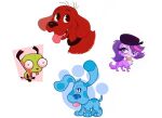 2022 beret bird_dog black_beret black_clothing black_collar black_ears black_hat black_headwear black_legs black_nose blue's_clues blue_(blue's_clues) blue_body blue_eyes blue_fur blue_nose blue_spots canid canine canis cavalier_king_charles_spaniel cheek_tuft chest_tuft clifford_(clifford_the_big_red_dog) clifford_the_big_red_dog clothing collar costume crossover domestic_dog eyelashes facial_tuft female feral floppy_ears fluffy_ears fur gir_(invader_zim) gold_(metal) gold_collar green_body green_fur group hair hair_over_eye hasbro hat headgear headwear hound_dog hunting_dog invader_zim labrador littlest_pet_shop littlest_pet_shop_(2012) machine male mammal markings metal_collar multicolored_body multicolored_fur nickelodeon pink_hair purple_body purple_ears purple_fur purple_hair quadruped red_body red_fur retriever robot scholastic simple_background spaniel spots spotted_body spotted_fur tongue tongue_out toy_dog tuft two_tone_body two_tone_fur white_background yourlocalcryptidart zoe_trent