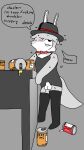 4k 9:16 absurd_res alcohol animal_genitalia anthro bedroom_eyes beer beverage bill_(foxfreeguy) bodily_fluids bottomless bow_tie bunny_costume canid canine clothed clothing costume drunk english_text fedora fox foxfreeguy genitals hat headgear headwear hi_res long_socks male mammal narrowed_eyes seductive sheath solo substance_intoxication sweat text
