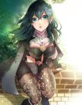  1girl 96ks_3h armor between_legs black_shorts blue_eyes blue_hair byleth_(fire_emblem) byleth_(fire_emblem)_(female) cape fire_emblem fire_emblem:_three_houses hand_between_legs highres navel navel_cutout pantyhose parted_lips short_shorts shorts sitting solo 