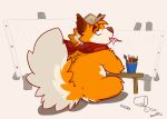  2017 anthro arm_tuft artist biped brown_eyebrows brush canid canine canvas cheek_tuft clothing crossed_legs dated dessert detailed_background digital_drawing_(artwork) digital_media_(artwork) eating eyebrows facial_tuft fluffy fluffy_tail food fox fur furniture half-closed_eyes hat head_tuft headgear headwear hybrid ice_cream inner_ear_fluff kaohto kaohto_(character) leg_tuft looking_at_viewer looking_back male mammal mostly_nude multicolored_body multicolored_fur multicolored_tail narrowed_eyes number on_ground orange_body orange_fur paintbrush painting pencil_(object) rear_view red_eyes red_scarf scarf signature simple_background sitting solo table tuft ursid white_background white_body white_fur 
