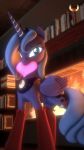  &lt;3 2020 9:16 absurd_res blue_eyes book bookshelf bow clothing crown equid female fire fireplace friendship_is_magic furniture hi_res horn jewelry legwear loveslove mammal mouth_hold my_little_pony necklace princess_luna_(mlp) socks solo stockings tiara winged_unicorn wings 
