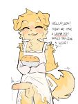 ^_^ anthro apron arm_tuft blush bodily_fluids canid canine canis clothing crowl_(regcron) cum cum_inside dialogue domestic_dog elbow_tuft english_text erection eyes_closed facial_tuft floppy_ears food fur genital_fluids greeting handwear hi_res holding_object leaking_precum male male_anthro mammal mostly_nude_male oven_mitts pastry pie precum regcron shoulder_tuft simple_background smile solo tail tan_body tan_fur text tuft yellow_body yellow_fur