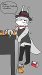 4k 9:16 absurd_res alcohol anthro bedroom_eyes beer beverage bill_(foxfreeguy) bodily_fluids bottomless bow_tie bunny_costume canid canine clothed clothing costume countershading drunk english_text fedora fox foxfreeguy fur grey_body grey_fur hat headgear headwear hi_res long_socks male mammal multicolored_body multicolored_fur narrowed_eyes profanity seductive solo substance_intoxication sweat text two_tone_body two_tone_fur white_body white_countershading