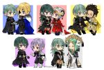  3girls 4boys armor black_gloves blonde_hair blue_cape blue_eyes blue_hair brown_hair byleth_(fire_emblem) byleth_(fire_emblem)_(female) byleth_(fire_emblem)_(male) cape chibi claude_von_riegan closed_eyes closed_mouth crown dimitri_alexandre_blaiddyd dress earrings edelgard_von_hresvelg eyepatch feyyyyyyk fire_emblem fire_emblem:_three_houses flower fur_trim garreg_mach_monastery_uniform gloves green_eyes green_hair grin hair_flower hair_ornament headpiece highres holding_hands horns jewelry long_hair long_sleeves multiple_boys multiple_girls one_eye_closed parted_lips purple_eyes purple_hair rhea_(fire_emblem) short_hair simple_background smile tiara twitter_username uniform white_hair yellow_cape yuri_(fire_emblem) 