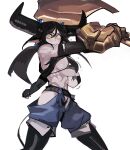 2026 33dot action_pose animal_humanoid arm_back armor armwear athletic athletic_female axe belt big_breasts big_horn biped black_boots black_bra black_clothing black_footwear black_hair black_underwear blue_clothing blue_hair_bow blue_legwear boots bovid_horn bovine_horn bra breasts bull_horn clothed clothing colored digital_media_(artwork) digital_painting_(artwork) female footwear gauntlets gloves hair handwear hi_res holding_axe holding_object horn humanoid legwear looking_at_viewer mammal mammal_humanoid mostly_nude motion_lines obliques orange_eyes painting_(artwork) pointy_ears portrait pose prick_ears shaded shoes simple_background soft_abs solo standing three-quarter_portrait underwear white_background