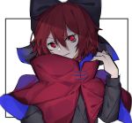  1girl black_shirt bow bright_pupils cape eyebrows_visible_through_hair eyes hair_between_eyes hair_bow hand_up high_collar highres hisha_(kan_moko) long_sleeves looking_to_the_side parted_lips red_cape red_eyes red_hair sekibanki shade shirt short_hair simple_background solo touhou upper_body white_pupils 