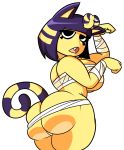  2018 absurd_res animal_crossing ankha_(animal_crossing) anthro anthrofied big_breasts blue_hair breasts butt clothed clothing domestic_cat fangs felid feline felis female fur hair half-closed_eyes hi_res mammal narrowed_eyes nintendo open_mouth simple_background solo striped_tail stripes superspoe video_games white_background yellow_body yellow_fur 